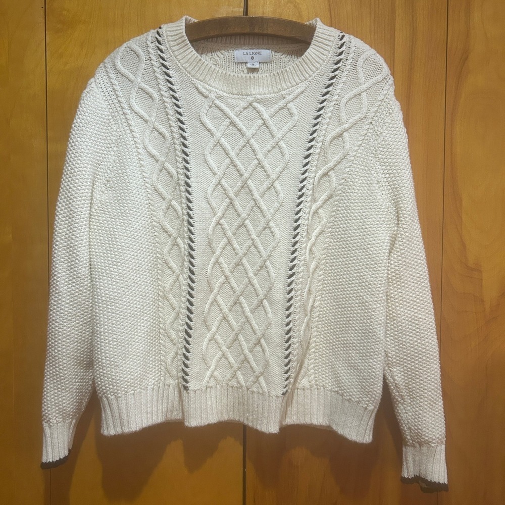 La Ligne Sweater Womens 1X (READ) Cream & Black Accent Cable Fisherman‎ Classic